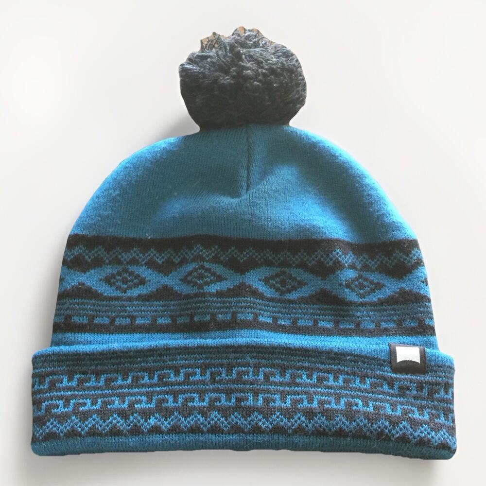 Blue Nordic Pattern Pom Pom Beanie Acrylic Winter Hat One Size